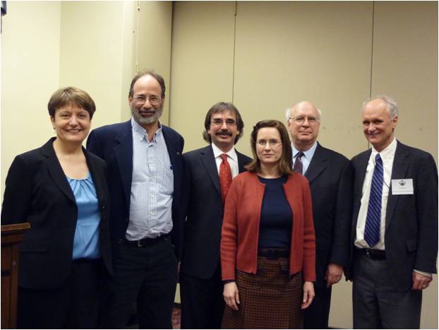 L-R:  Nancy Lutz, NSF Economics Program Officer, Speakers: Alvin Roth, Lawrence Ausubel, Brigitte Madrian, and John Siegfried, and Dan Newlon, American Economic Association, Government Relations.